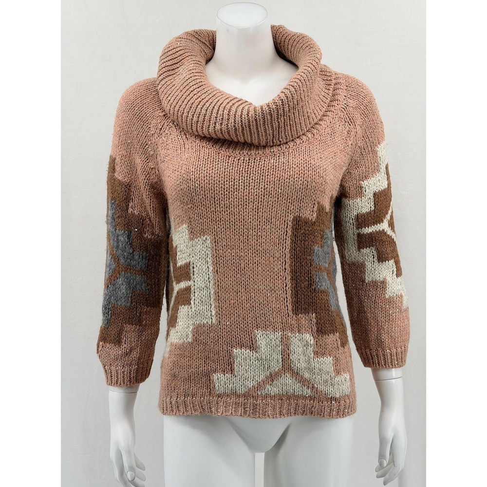 Sundance Sweater Womens Small Pink Mauve Cowl Neck Aztec Southwest Chunky Knit